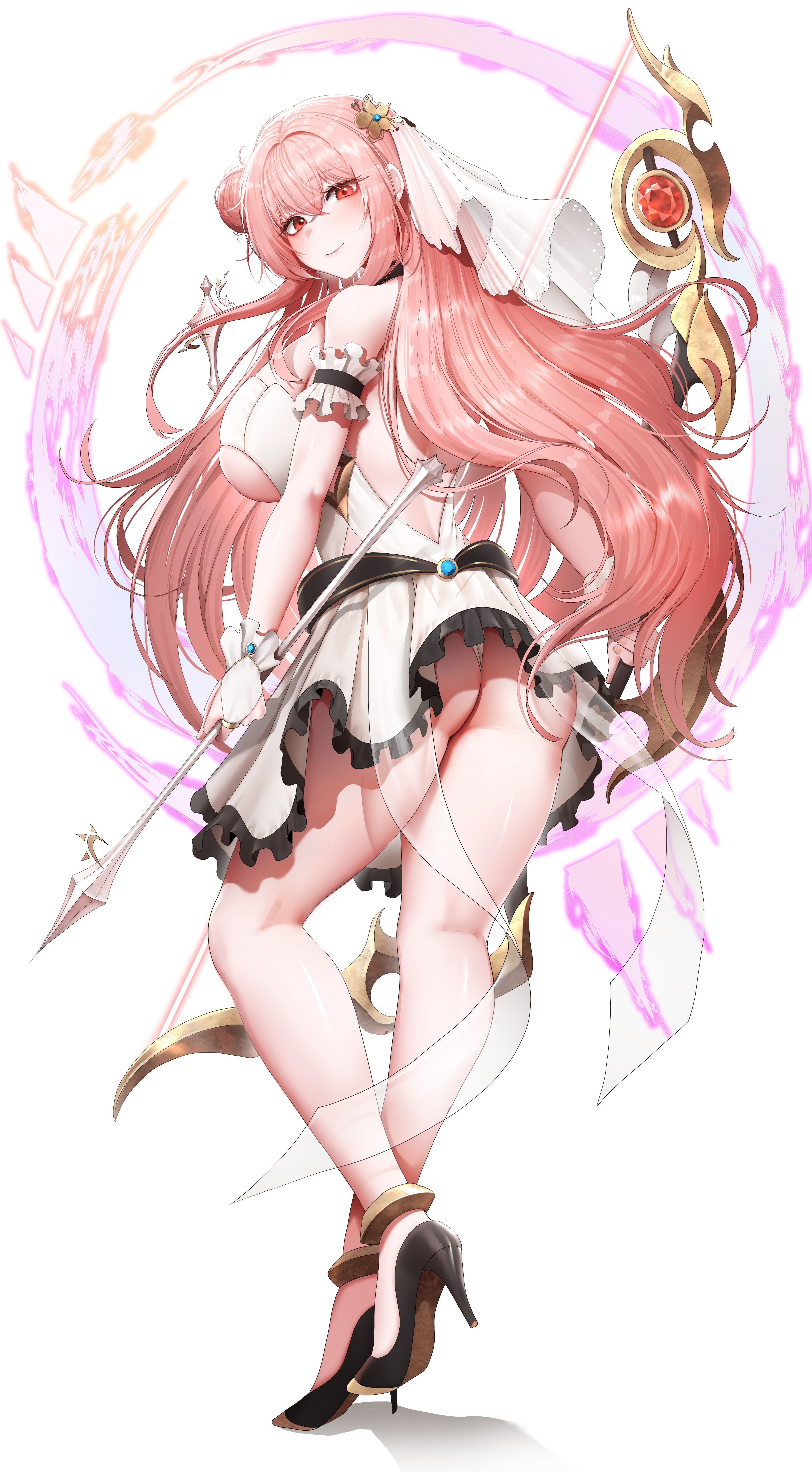 doyoon 7, original, absurdres, commission, highres, second-party source, 1girl, anklet, arm garter, arrow (projectile), ass, back, bare legs, bare shoulders, black choker, black shoes, bow (weapon), breasts, choker, closed mouth, clothing cutout, dress, frilled dress, frilled garter, frills, from behind, hair bun, high heels, holding, holding arrow, holding bow (weapon), holding weapon, jewelry, large breasts, long hair, looking at viewer, looking back, median furrow, panties, pantyshot, pink hair, red eyes, shoes, side cutout, single side bun, skindentation, sleeveless, sleeveless dress, smile, solo, thighs, underboob, underboob cutout, underwear, veil, very long hair, weapon, white background, white dress, white panties