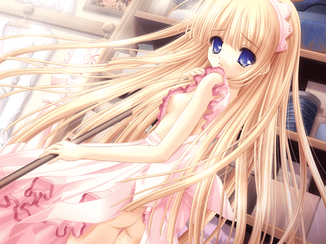 tinker bell (pixiv 10956015), aria (magical tale), magical tale, game cg, 1girl, apron, ass, blonde hair, blue eyes, blunt bangs, blush, box, breasts, broom, clothes hanger, cowboy shot, drawing (object), dutch angle, female focus, floating hair, frilled apron, frills, from behind, holding, indoors, lace, loli, long hair, looking at viewer, looking back, maid headdress, naked apron, nipples, parted lips, shelf, sideboob, sidelocks, small breasts, solo, standing, tears, very long hair