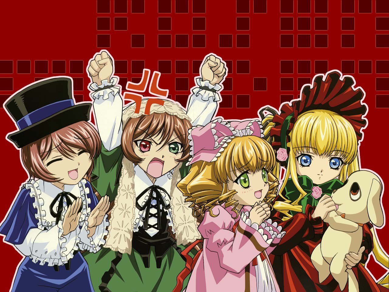 hinaichigo, kunkun, shinku, souseiseki, suiseiseki, rozen maiden, 00s, 4girls, blonde hair, bonnet, bow, hat, heterochromia, long hair, multiple girls, pink bow, siblings, sisters, twins, very long hair