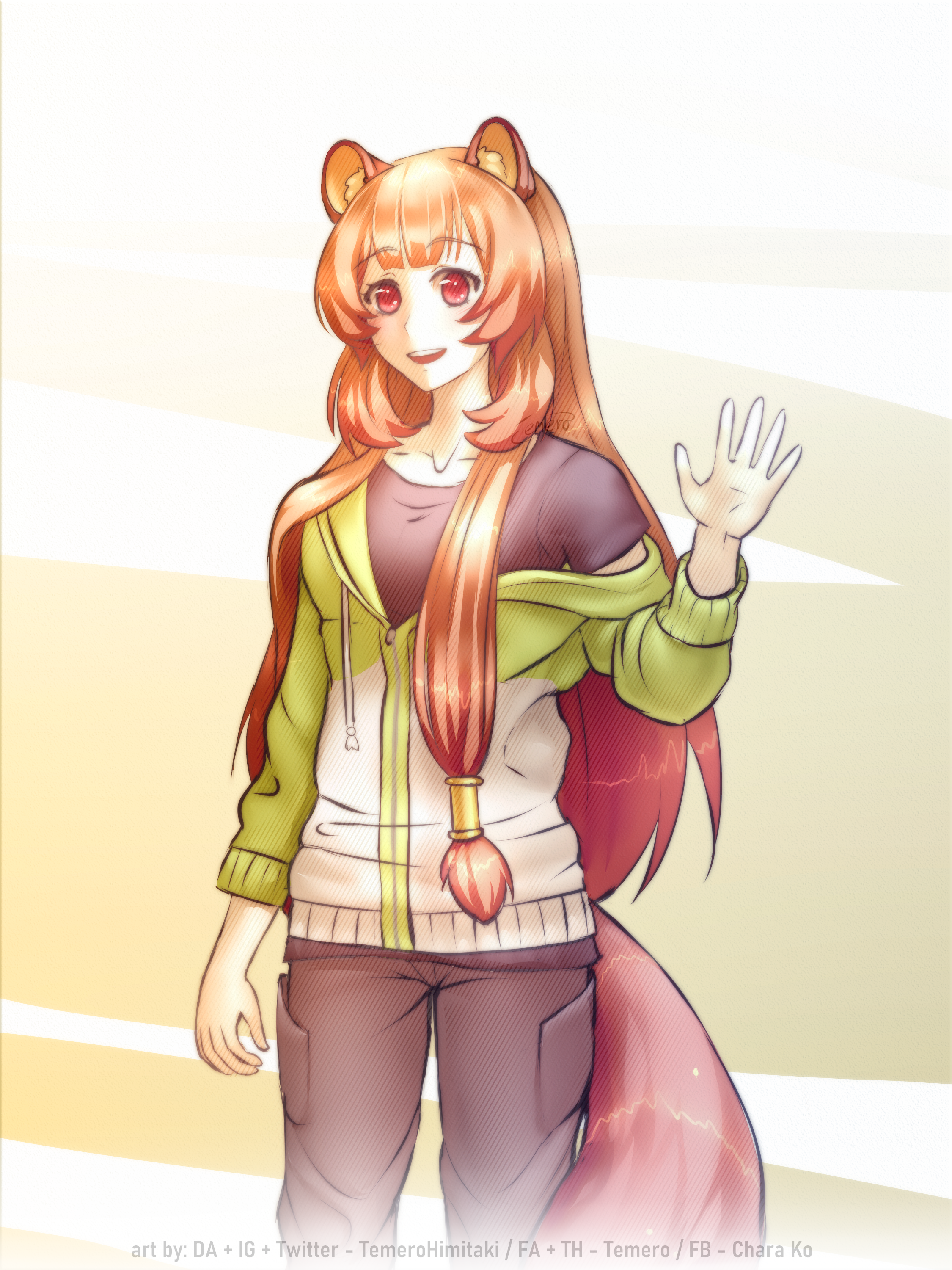 temerohimitaki, iwatani naofumi, raphtalia, tate no yuusha no nariagari, absurdres, commentary, english commentary, highres, 1girl, :d, abstract background, animal ear fluff, animal ears, black pants, black shirt, blunt bangs, breasts, brown hair, collarbone, cosplay, cowboy shot, green jacket, iwatani naofumi (cosplay), jacket, long hair, long sleeves, metal hair tubes, multicolored jacket, off shoulder, open mouth, pants, partially open jacket, raccoon ears, raccoon girl, raccoon tail, red eyes, shirt, short sleeves, small breasts, smile, solo, tail, teeth, two-tone background, two-tone jacket, upper teeth only, waving, white background, white jacket, yellow background