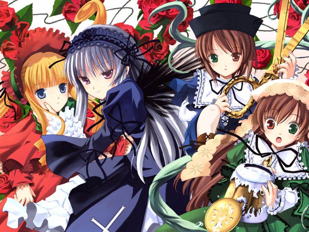 shinku, souseiseki, suigintou, suiseiseki, rozen maiden, 00s, 4girls, blonde hair, blunt bangs, bonnet, brown hair, corset, dress, drill hair, flat chest, flower, frills, gothic lolita, green dress, green eyes, hat, headdress, heterochromia, lolita fashion, long hair, long sleeves, multiple girls, open mouth, red dress, red eyes, ribbon, rose, scissors, short hair, siblings, sisters, twin drills, twins, very long hair, watering can, weapon, white hair, wings