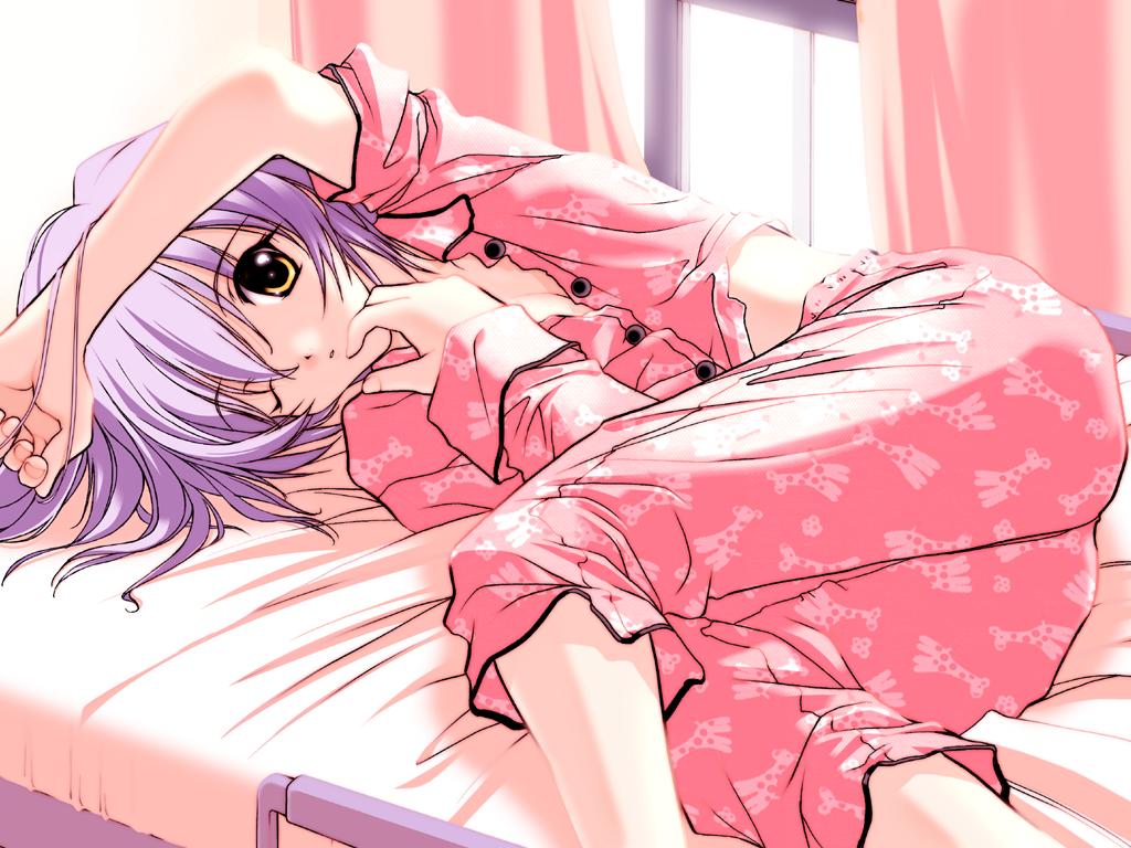 sasaki mutsumi, gokajou satsuki, ninomai kisaragi, happy lesson, 00s, 1girl, ass, bed, female focus, pajamas, pants, pink pants, purple hair, solo, yellow eyes
