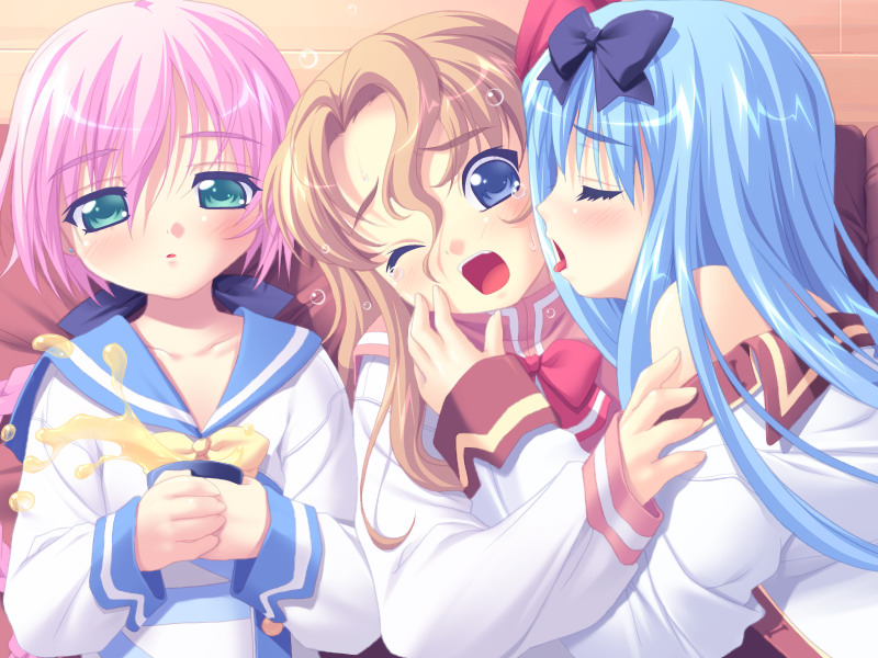 nonohara miki, honoka (fifth aile), koyuki (fifth aile), tsubomi (fifth aile), fifth aile, game cg, 3girls, multiple girls, school uniform, serafuku, tongue, yuri