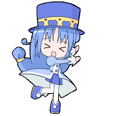 rein (futagohime), fushigiboshi no futago hime, lowres, > <, 00s, 1girl, blue hat, chibi, chibi only, closed eyes, female focus, hat, long hair, low-tied long hair, oekaki, pantyhose, simple background, solo, top hat, white background, white pantyhose