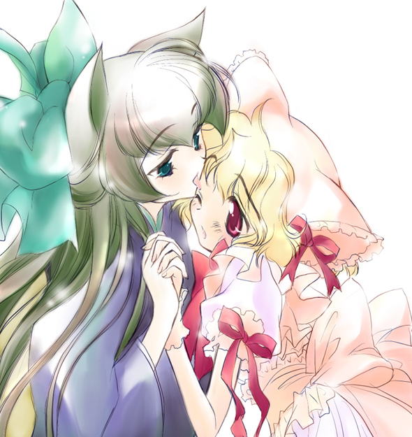 jpeg artifacts, 2girls, animal ears, blonde hair, blue eyes, bow, cat ears, frills, green hair, hair bow, holding hands, interlocked fingers, japanese clothes, licking, multiple girls, one eye closed, pink eyes, red eyes, ribbon, simple background, tongue, white background, yuri