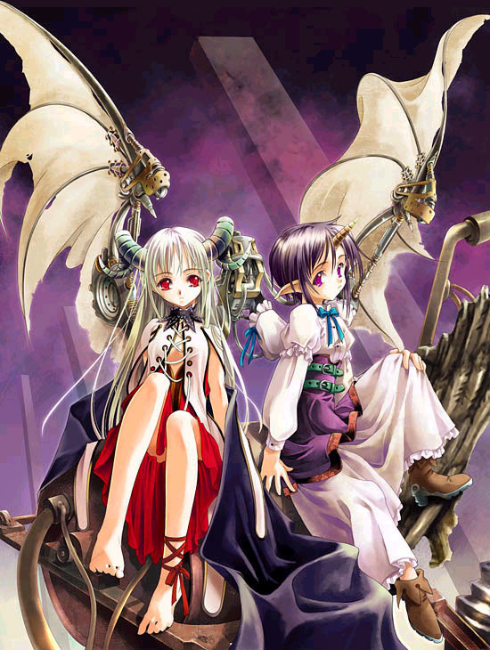 sumi keiichi, silver hair, 2girls, barefoot, belt, blonde hair, convenient skirt, demon girl, dress, feet, green belt, horns, long sleeves, machine, multiple girls, pointy ears, purple background, purple eyes, purple hair, red eyes, ribbon, wings