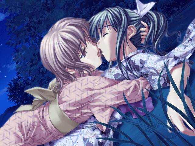 fue (tsuzuku), ichimura kiri, kurabayashi arika, boku to bokura no natsu, game cg, jpeg artifacts, 2girls, bow, bush, closed eyes, girl on top, grass, hair bow, hand on another's head, hug, imminent kiss, japanese clothes, kiss, lying, multiple girls, night, night sky, on back, open mouth, outdoors, sky, yuri