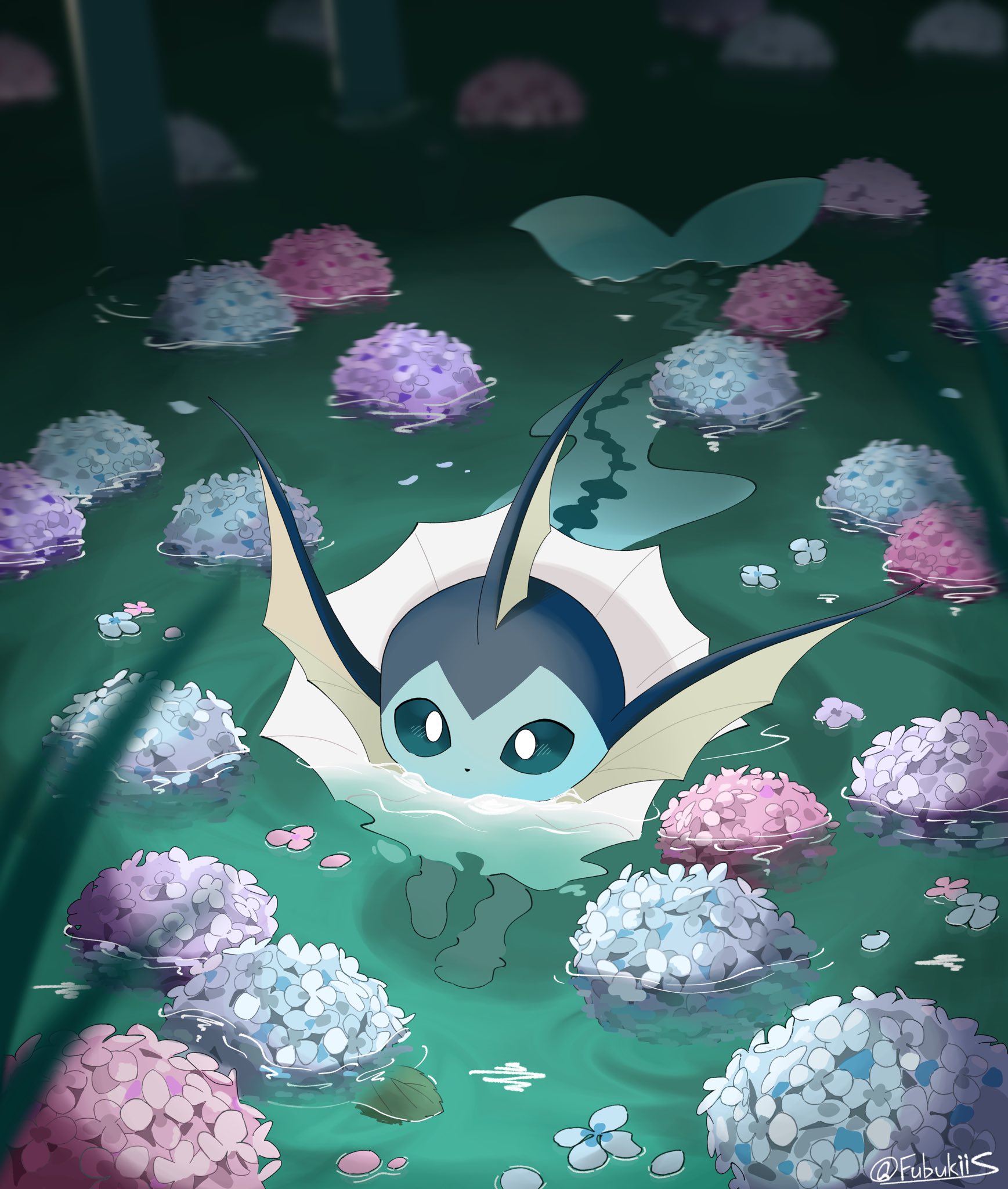 fu 6uk, vaporeon, nintendo, pokemon, commentary request, highres, animal focus, blue eyes, blue flower, flower, gen 1 pokemon, grass, no humans, petals, pink flower, pokemon (creature), twitter username, water
