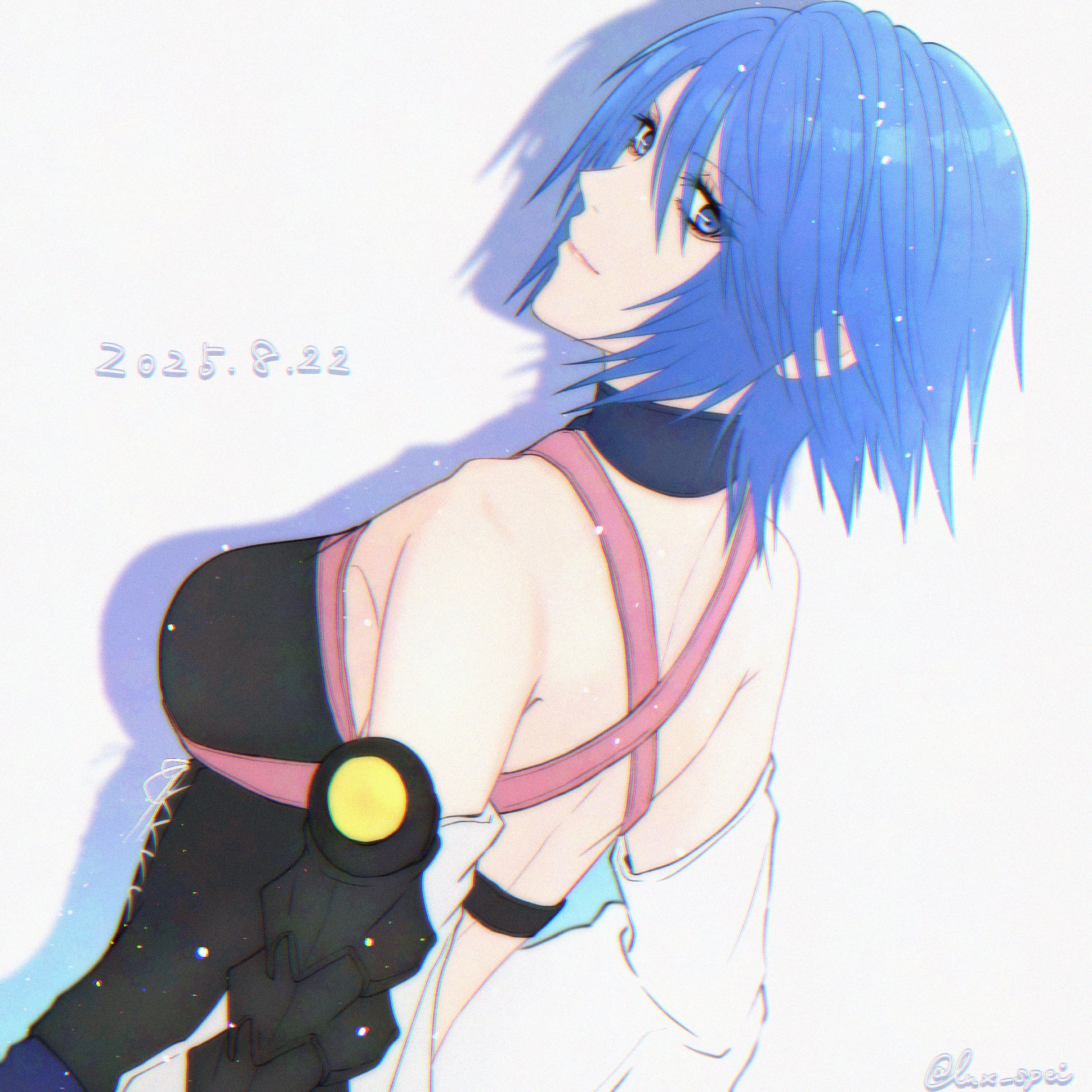 lux spei, aqua (kingdom hearts), kingdom hearts, kingdom hearts birth by sleep, highres, 1girl, blue eyes, blue hair, looking at viewer, looking back, signature, white background