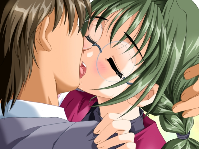 kanna (plum), onjuku kaori, kiss x 200, game cg, 1boy, 1girl, braid, brown hair, closed eyes, couple, french kiss, glasses, green hair, hand on another's head, hetero, hug, kiss, shoulder grab