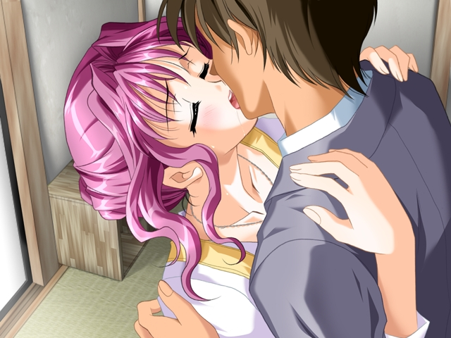 kanna (plum), fubuki ichou, kiss x 200, game cg, 1boy, 1girl, closed eyes, couple, formal clothes, french kiss, height difference, hetero, hug, jewelry, kiss, necklace, pink hair, saliva, suit