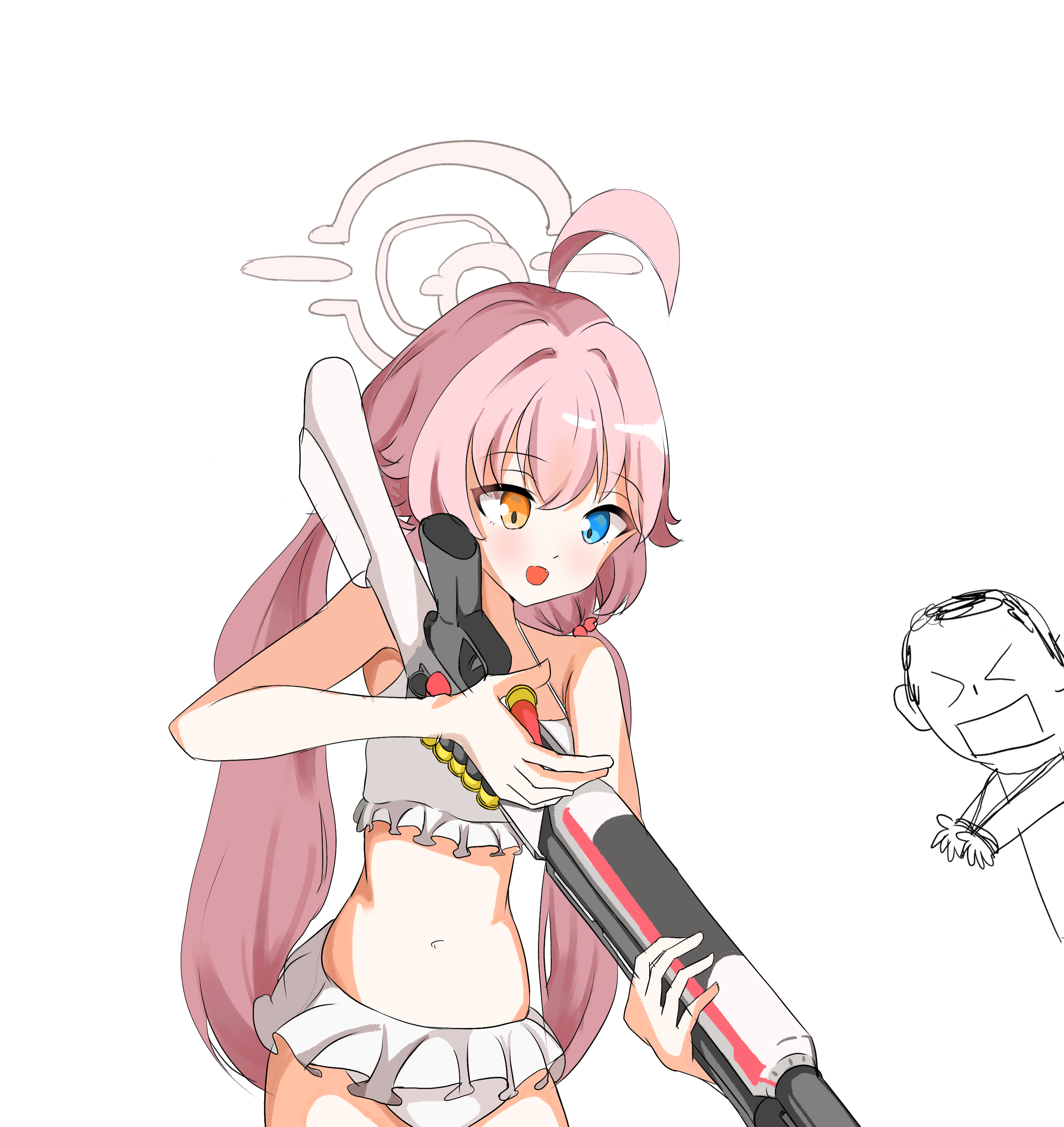 doodle sensei (blue archive), hoshino (blue archive), sensei (blue archive), blue archive, > <, 1boy, 1girl, ahoge, ar16, bikini, blue eyes, bound, bound wrists, frilled bikini, frills, gun, halo, heterochromia, long hair, navel, pink hair, reloading, shotgun, swimsuit, weapon, yellow eyes