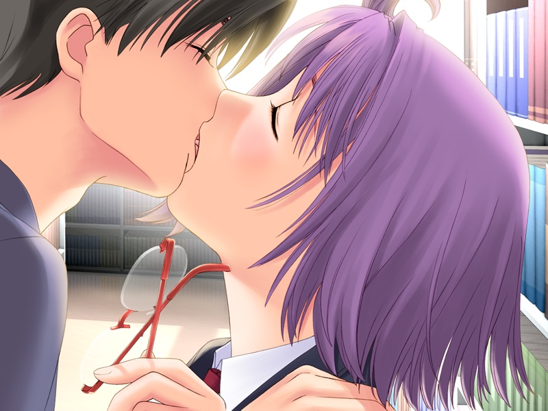 tony taka, kishi youko, after (game), game cg, source request, 00s, 1boy, 1girl, black hair, bookshelf, closed eyes, couple, french kiss, glasses, hetero, holding, holding removed eyewear, kiss, purple hair, shoulder grab, unworn eyewear