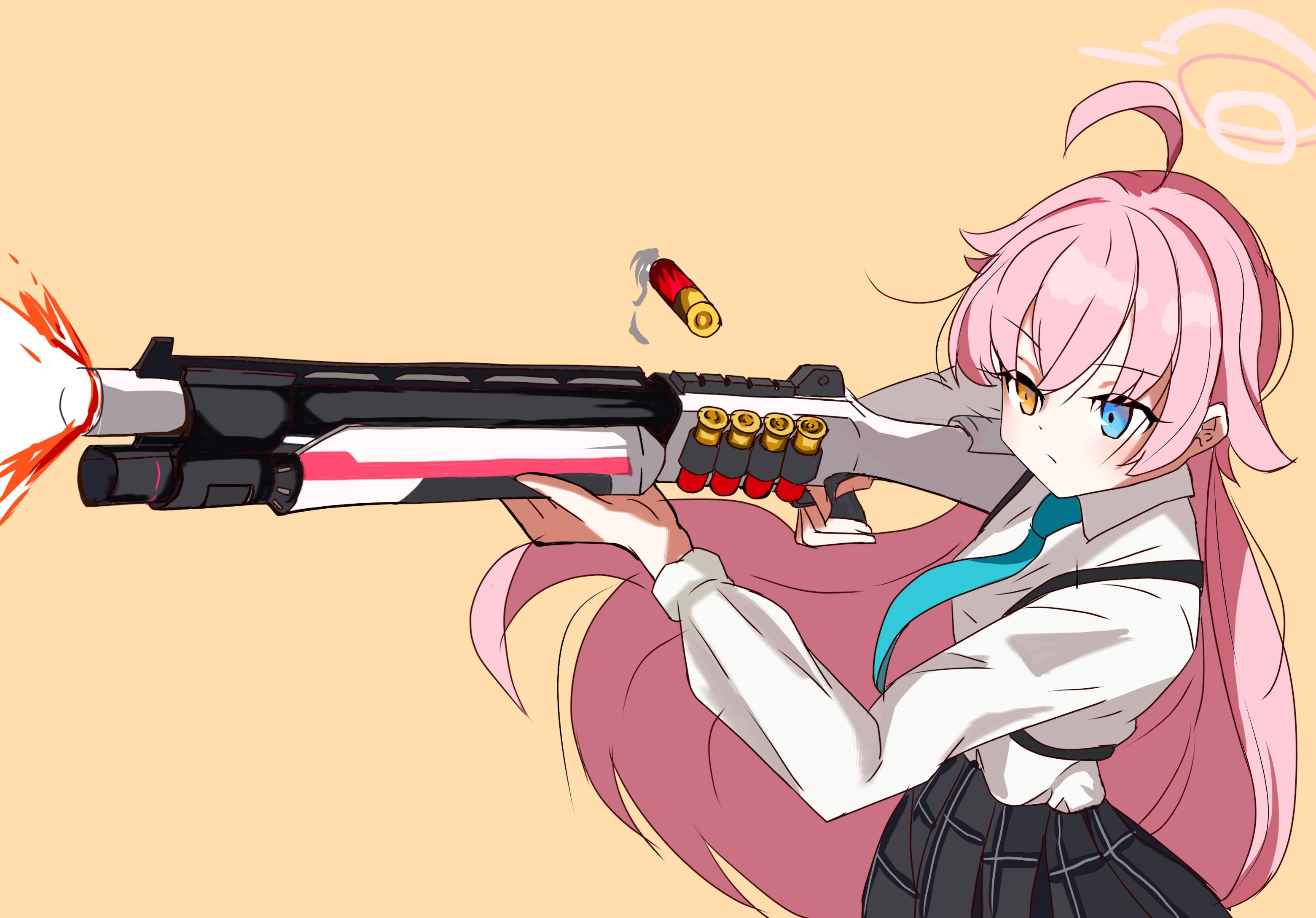 hoshino (blue archive), blue archive, ahoge, aiming, ar16, blue eyes, casing ejection, firing, gun, halo, heterochromia, long hair, necktie, pink hair, school uniform, shell casing, shotgun, shoulder strap, weapon, yellow eyes