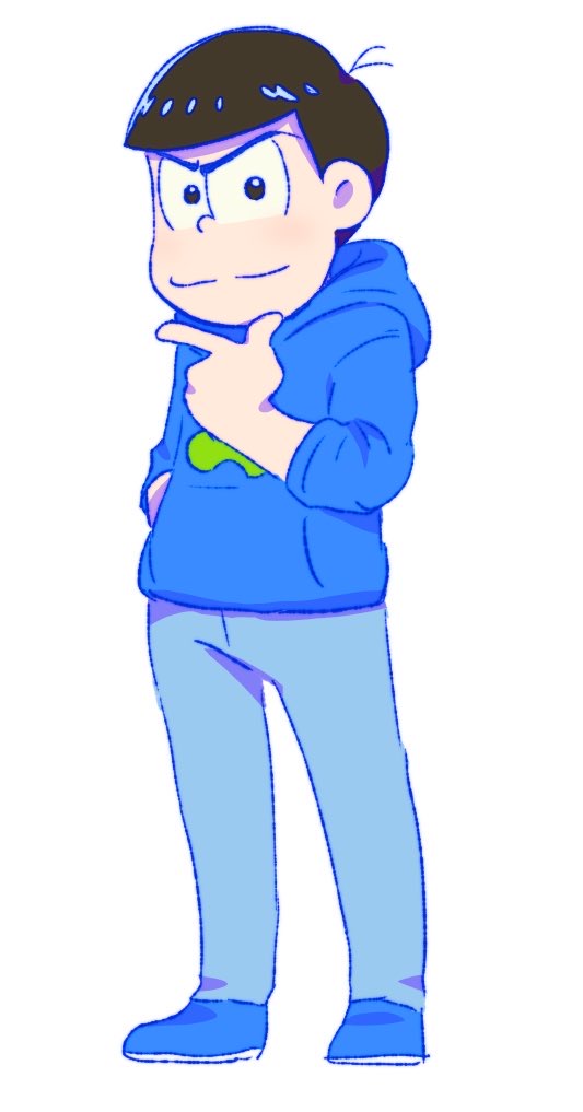 hutaba, matsuno karamatsu, osomatsu-san, osomatsu (series), 1boy, blue hoodie, blue shoes, brown hair, closed mouth, full body, hand in pocket, hand up, hood, hood down, hoodie, long sleeves, looking at viewer, male focus, official style, pants, shoes, short hair, simple background, smile, solo, standing, v-shaped eyebrows, white background
