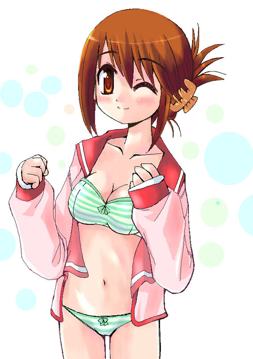 komaki manaka, to heart (series), to heart 2, striped, 00s, 1girl, bra, female focus, folded ponytail, lingerie, no pants, panties, solo, underwear