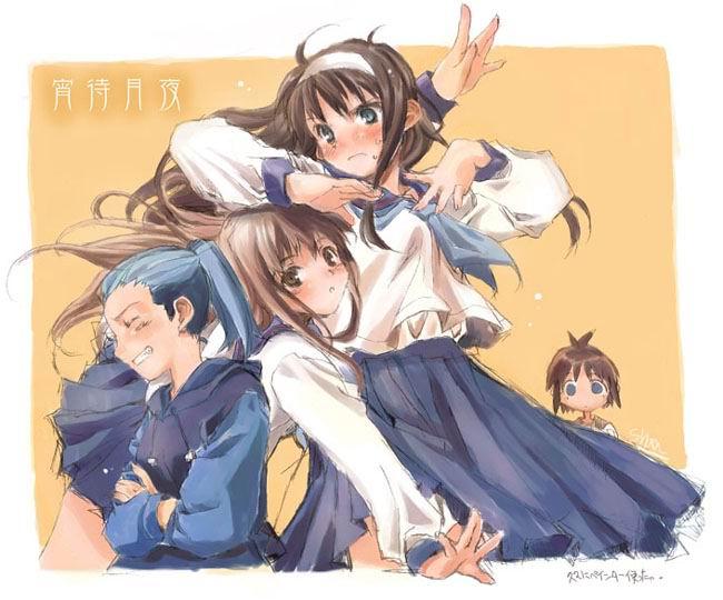 misawa hanei, seo akira, tohno akiha, tsukihime souka, tsukihime, 00s, 4girls, ahoge, annoyed, arms up, blue hair, blush, brown hair, groping, laughing, long hair, looking at viewer, multiple girls, ponytail, profile, school uniform, serafuku, smile