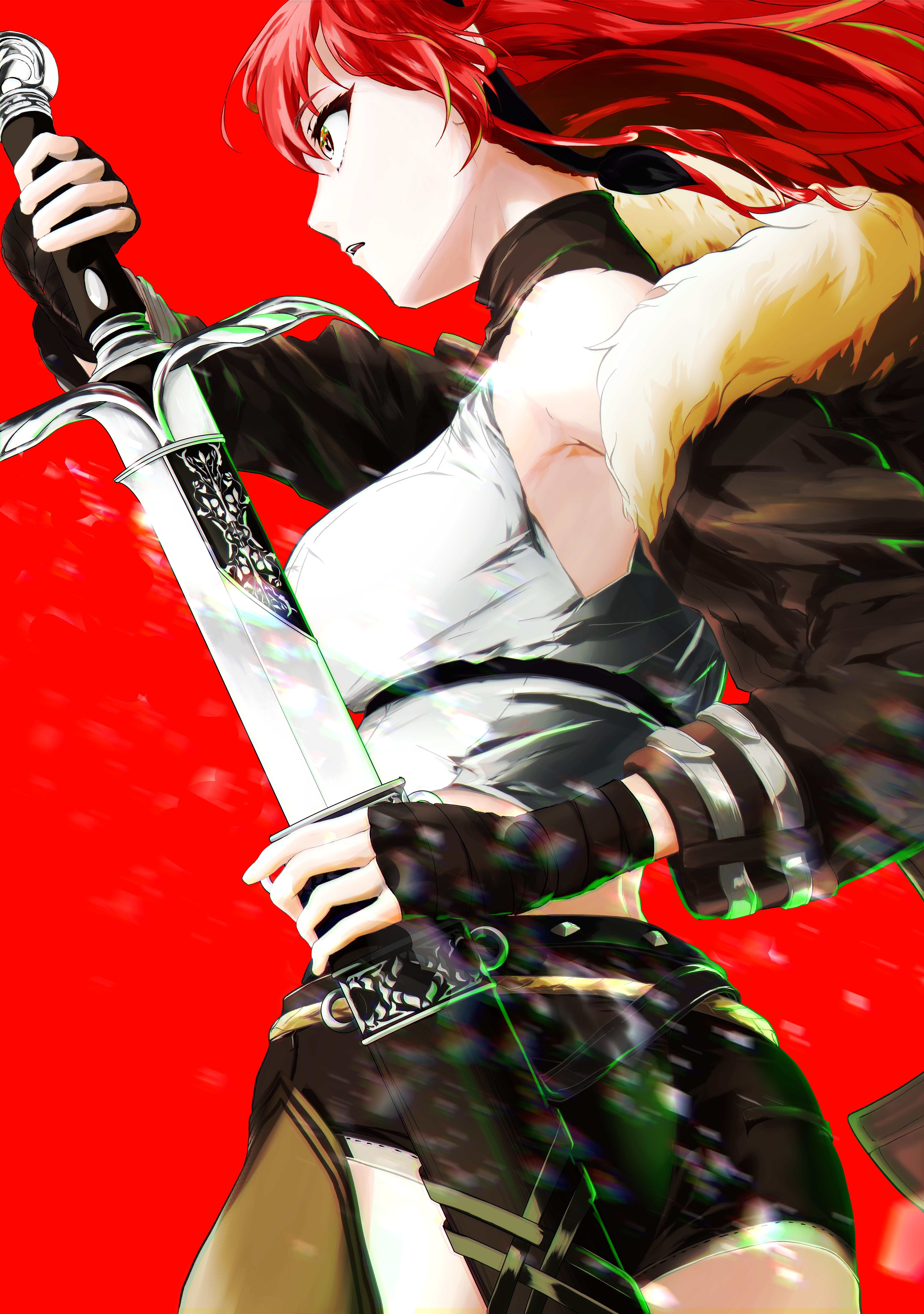 eris greyrat, mushoku tensei, absurdres, highres, 1girl, bare shoulders, black hairband, breasts, cowboy shot, fingerless gloves, gloves, hair between eyes, hairband, long hair, long sleeves, open mouth, red background, red hair, shirt, simple background, solo, user dpvw2588, very long hair, white shirt