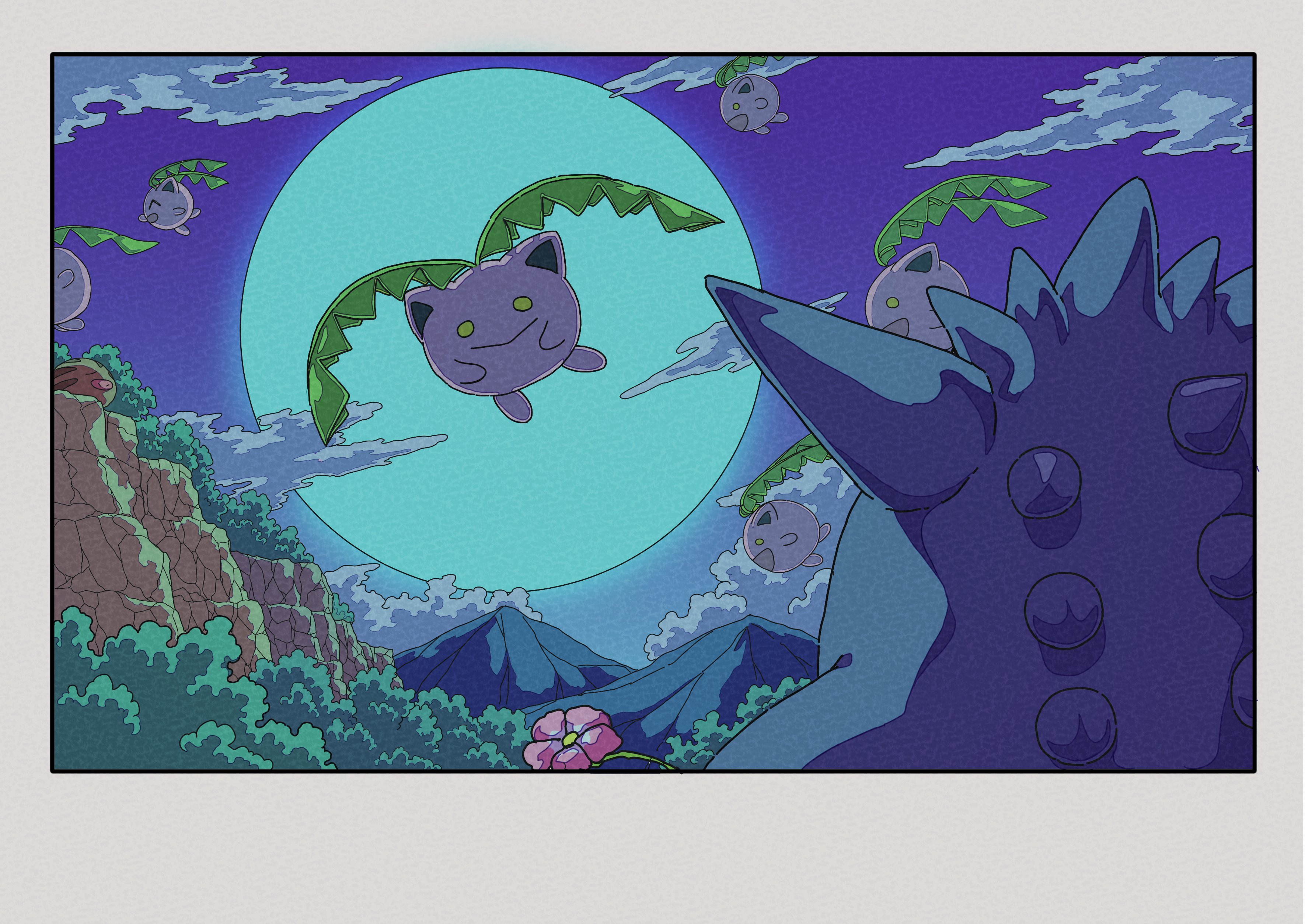 onamuzi illust, gengar, hoppip, nintendo, pokemon, absurdres, highres, animal focus, cliff, closed eyes, closed mouth, cloud, flower, flying, full body, full moon, gen 1 pokemon, gen 2 pokemon, leaf, moon, mountain, night, night sky, no humans, open mouth, outdoors, pokemon (creature), pokemon focus, sky, smile, spikes, yellow eyes