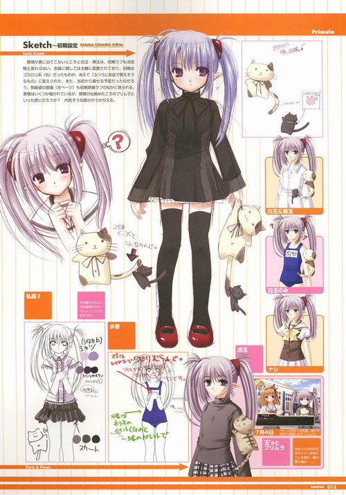 nishimata aoi, primula, shuffle!, official art, 00s, 1girl, ?, cat, character chart, chart, elf, pointy ears, reference sheet, thighhighs