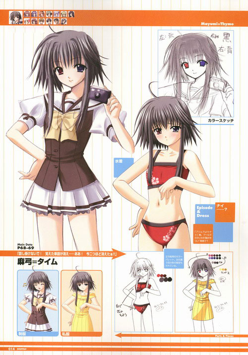 nishimata aoi, mayumi thyme, shuffle!, 00s, 1girl, bikini, black hair, camera, casual, character chart, chart, flat chest, heterochromia, pleated skirt, reference sheet, school uniform, serafuku, short hair with long locks, skirt, swimsuit