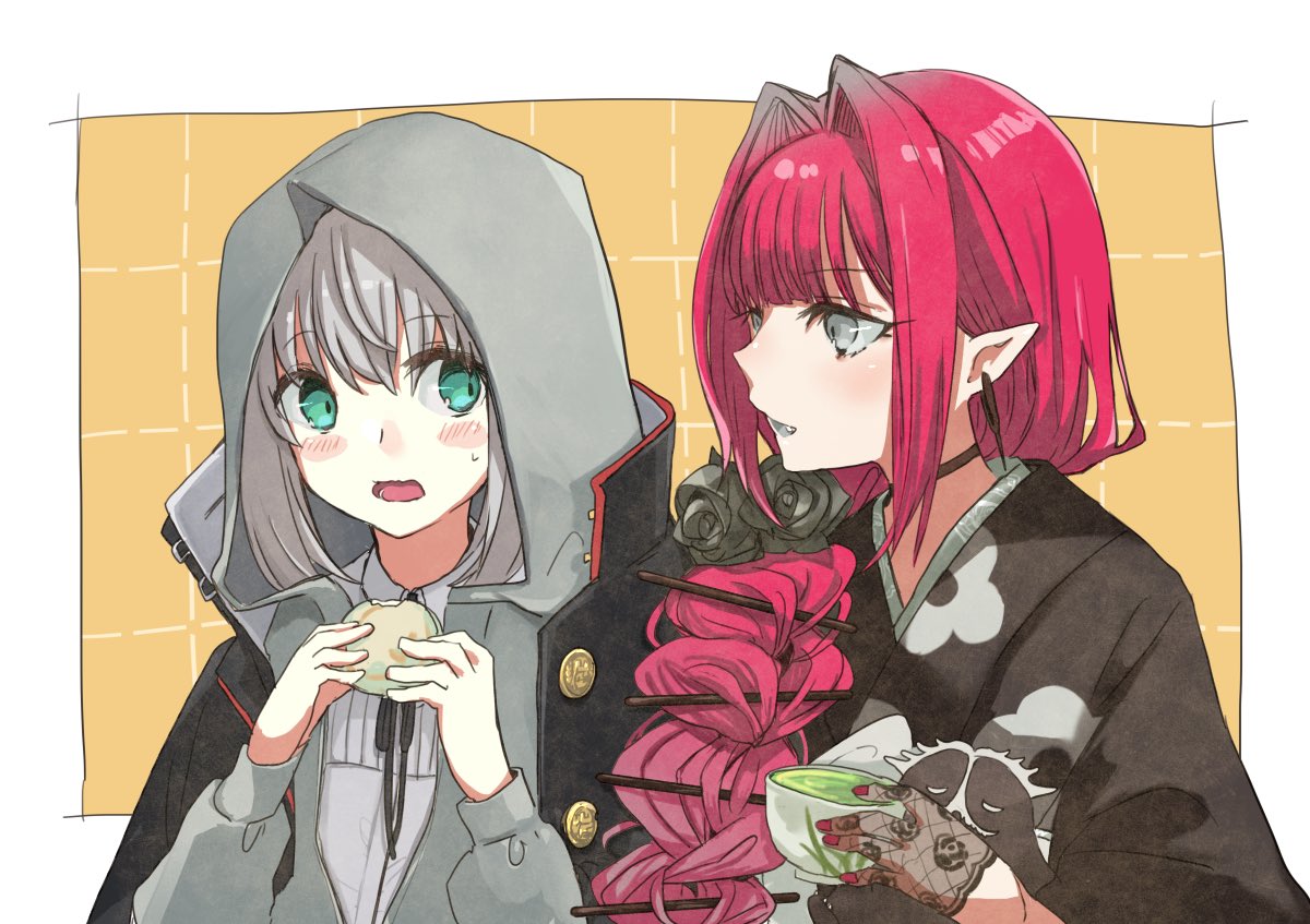 nemugiko, baobhan sith (fate), cernunnos (fate), gray (fate), fate/grand order, fate (series), 2girls, baobhan sith (over the same sky) (fate), black kimono, blush, braid, cup, eating, food, gray (over the same sky) (fate), green eyes, grey eyes, grey hair, holding, holding cup, hood, japanese clothes, kimono, long hair, multiple girls, red hair, single braid, steamed bun, tea