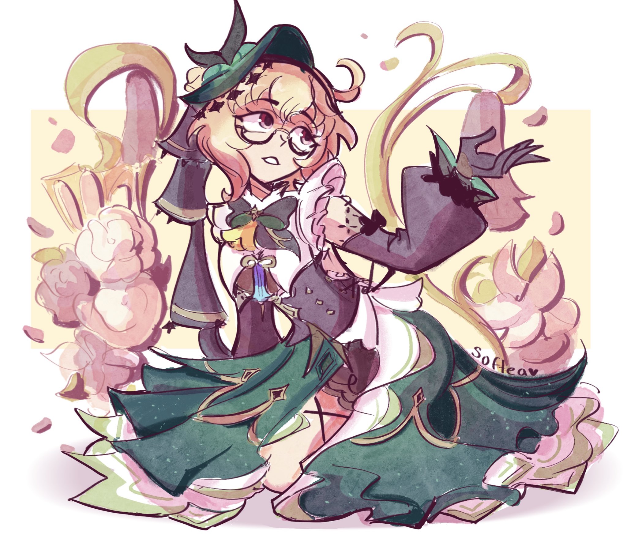 softea, emilie (genshin impact), genshin impact, highres, 1girl, black-framed eyewear, black corset, blonde hair, corset, detached sleeves, fascinator, flower, glasses, green hat, green skirt, hat, semi-rimless eyewear, signature, sitting, skirt, sleeveless, yokozuwari