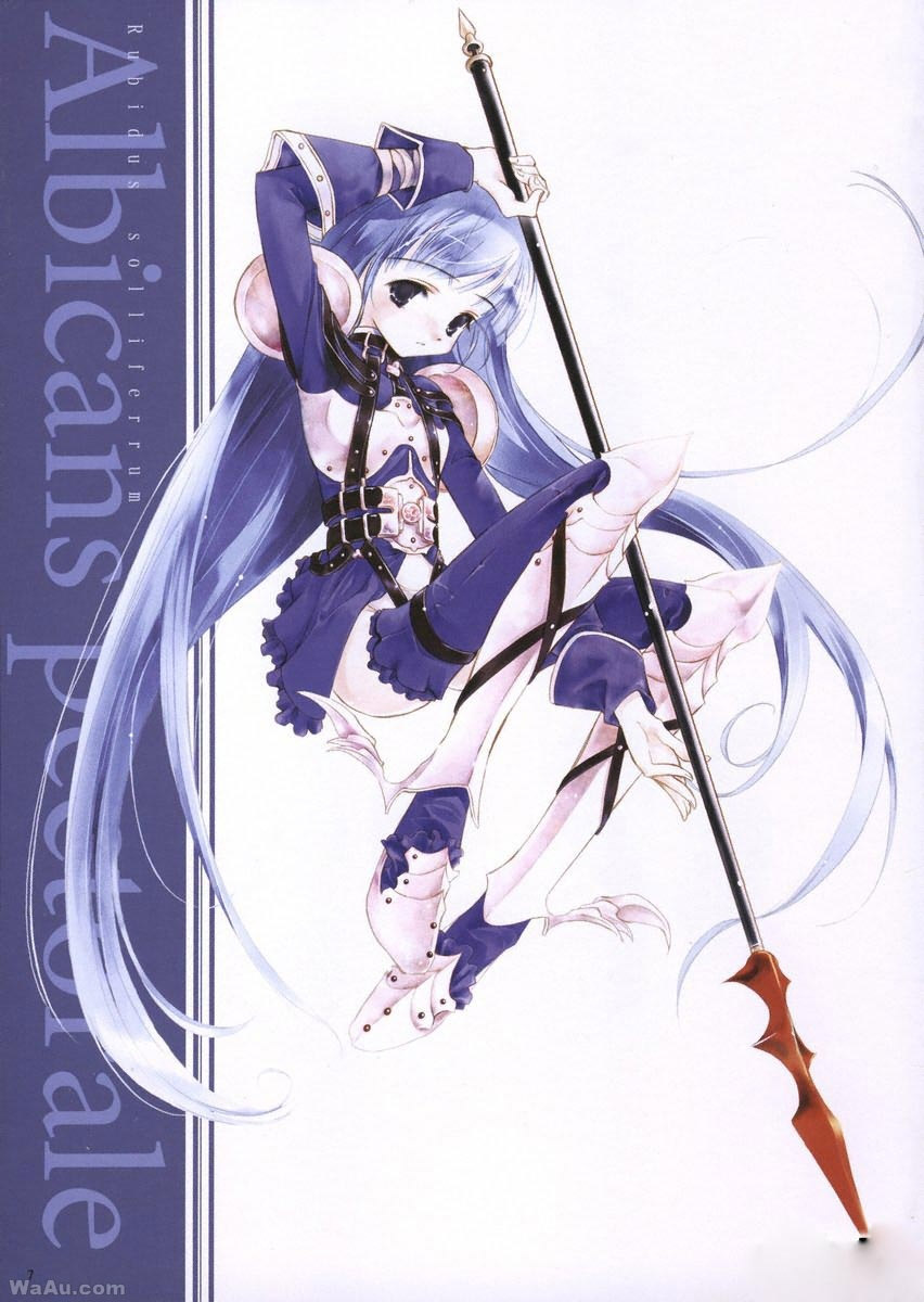 sumi keiichi, original, highres, jpeg artifacts, 1girl, armor, armored dress, blue eyes, blue hair, dress, female focus, greaves, long hair, matching hair/eyes, pale skin, polearm, solo, spear, very long hair, watermark, weapon
