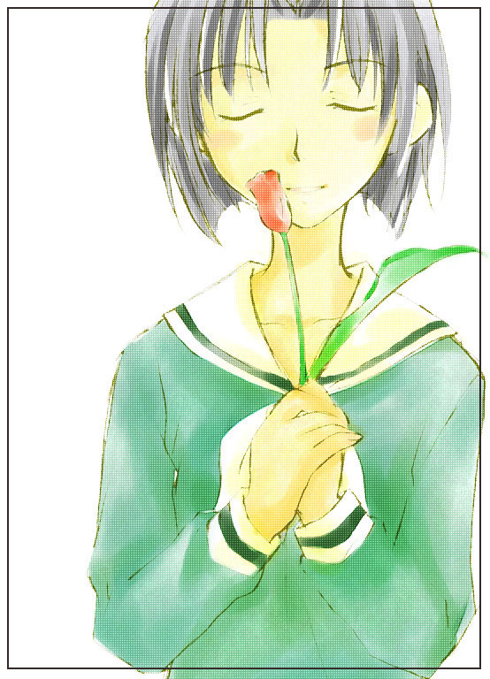 mizuno youko, maria-sama ga miteru, 00s, 1girl, closed eyes, female focus, flower, grey hair, red flower, red rose, rose, short hair, simple background, smile, solo, white background