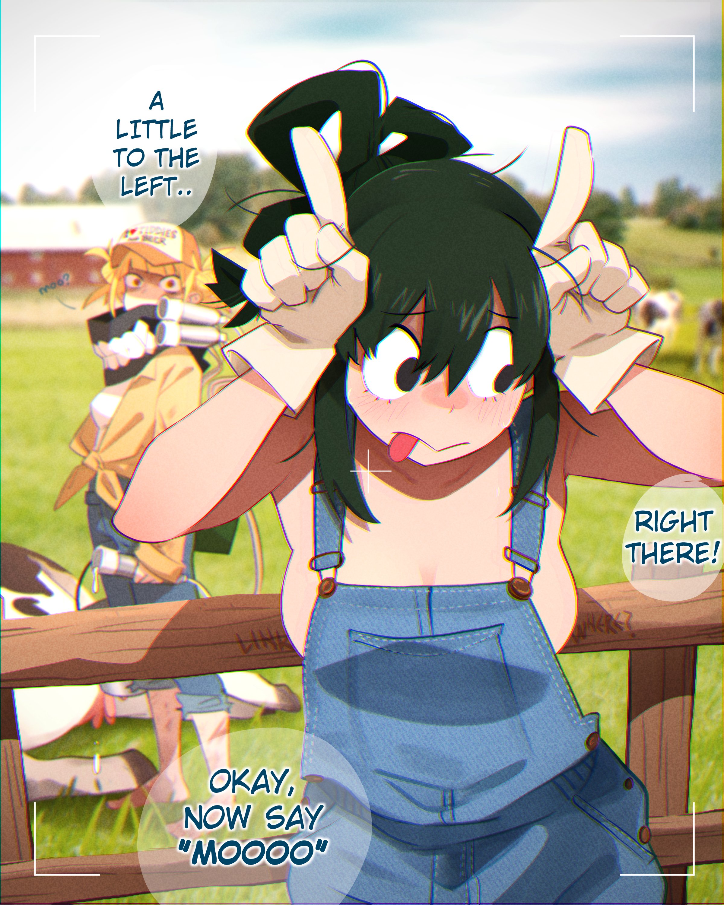 khyle., asui tsuyu, toga himiko, boku no hero academia, absurdres, highres, 2girls, arms up, averting eyes, barefoot, black eyes, blonde hair, blue overalls, blue pants, blurry, blurry background, breasts, building, cleavage, clothes writing, cow, day, denim, double bun, english text, glaring, gloves, green hair, hair between eyes, hair bun, hat, index fingers raised, jeans, large breasts, long hair, long sleeves, looking to the side, messy hair, multiple girls, outdoors, overalls, pants, photo background, shaded face, shirt, sleeves past wrists, standing, tied shirt, tongue, tongue out, tree, viewfinder, white gloves, yellow shirt