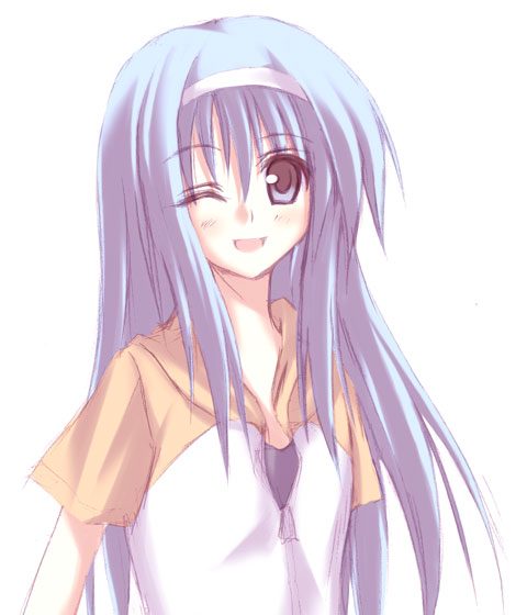 takayashiki matsuri, kazoku keikaku, 1girl, blush, female focus, hairband, long hair, looking at viewer, one eye closed, purple eyes, purple hair, simple background, smile, solo, upper body, white background, wink