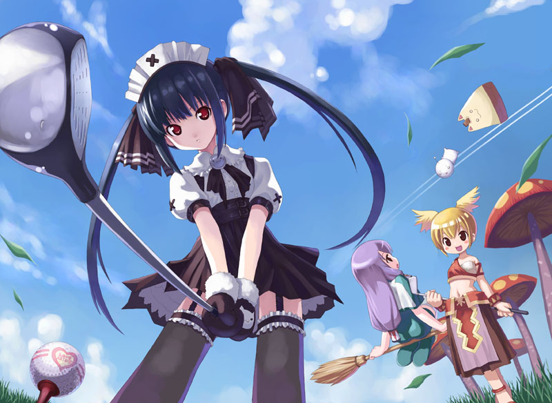 kiira, kooh (pangya), lola, lola (pangya), tiki (pangya), pangya, black legwear, frilled legwear, 3girls, :d, ball, blonde hair, blush stickers, broom, broom riding, cloud, day, garter belt, garter straps, gloves, golf, golf club, grass, hairband, heart, holding, lace, leaf, lingerie, long hair, multiple girls, mushroom, open mouth, outdoors, purple hair, red eyes, ribbon, sky, smile, strap, thighhighs, twintails, underwear, zettai ryouiki