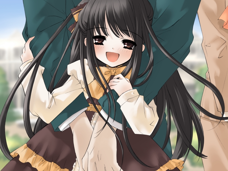 ito noizi, sui (komorebi), komorebi ni yureru tamashii no koe, game cg, 1girl, black hair, brown eyes, dress, happy, hug, hug from behind, loli, long hair, smile, solo focus, very long hair