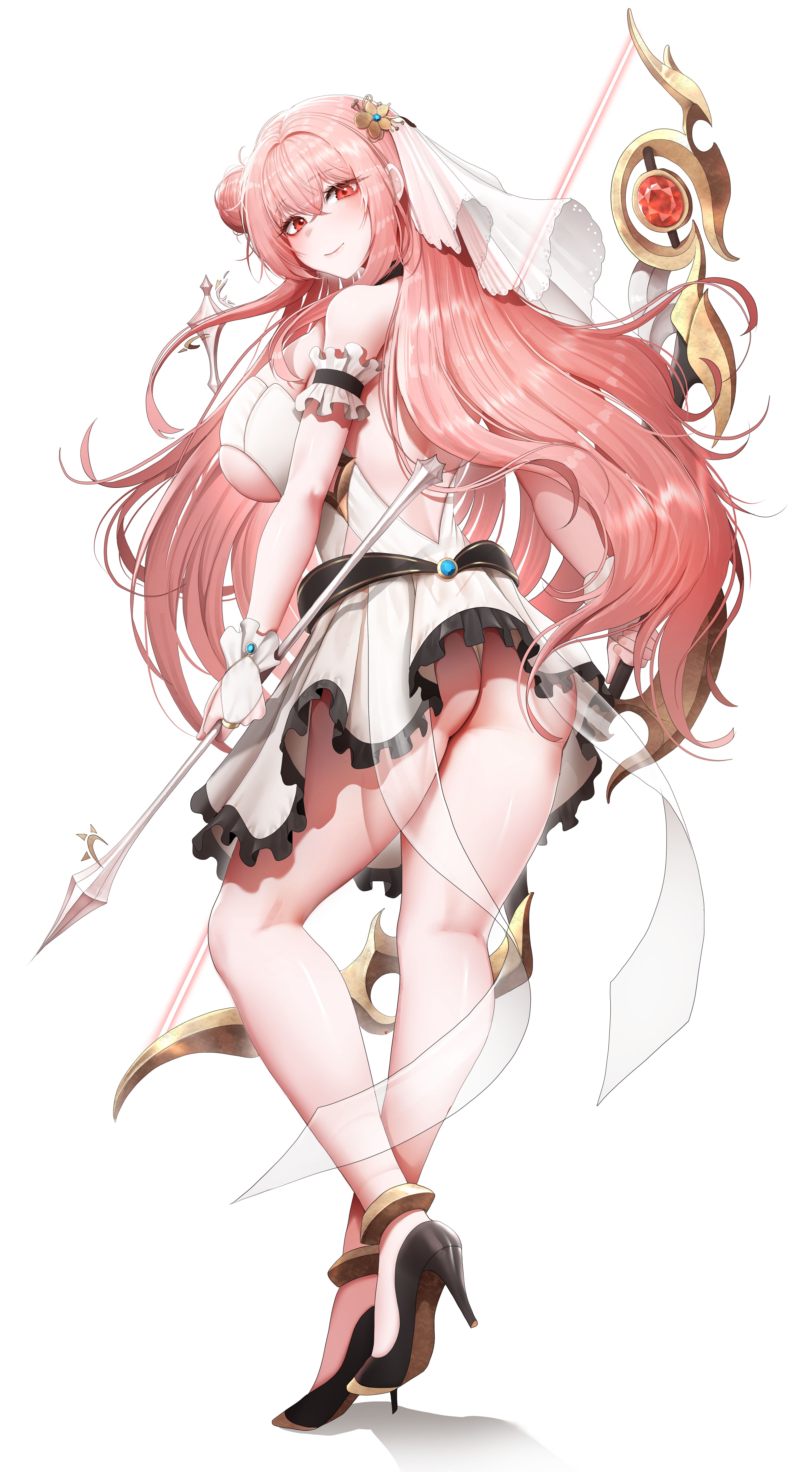 doyoon 7, original, absurdres, commission, highres, second-party source, 1girl, anklet, arm garter, arrow (projectile), ass, back, bare legs, bare shoulders, black choker, black shoes, bow (weapon), breasts, choker, closed mouth, clothing cutout, dress, frilled dress, frilled garter, frills, from behind, hair bun, high heels, holding, holding arrow, holding bow (weapon), holding weapon, jewelry, large breasts, long hair, looking at viewer, looking back, median furrow, panties, pantyshot, pink hair, red eyes, shoes, side cutout, simple background, single side bun, skindentation, sleeveless, sleeveless dress, smile, solo, thighs, underboob, underboob cutout, underwear, veil, very long hair, weapon, white background, white dress, white panties