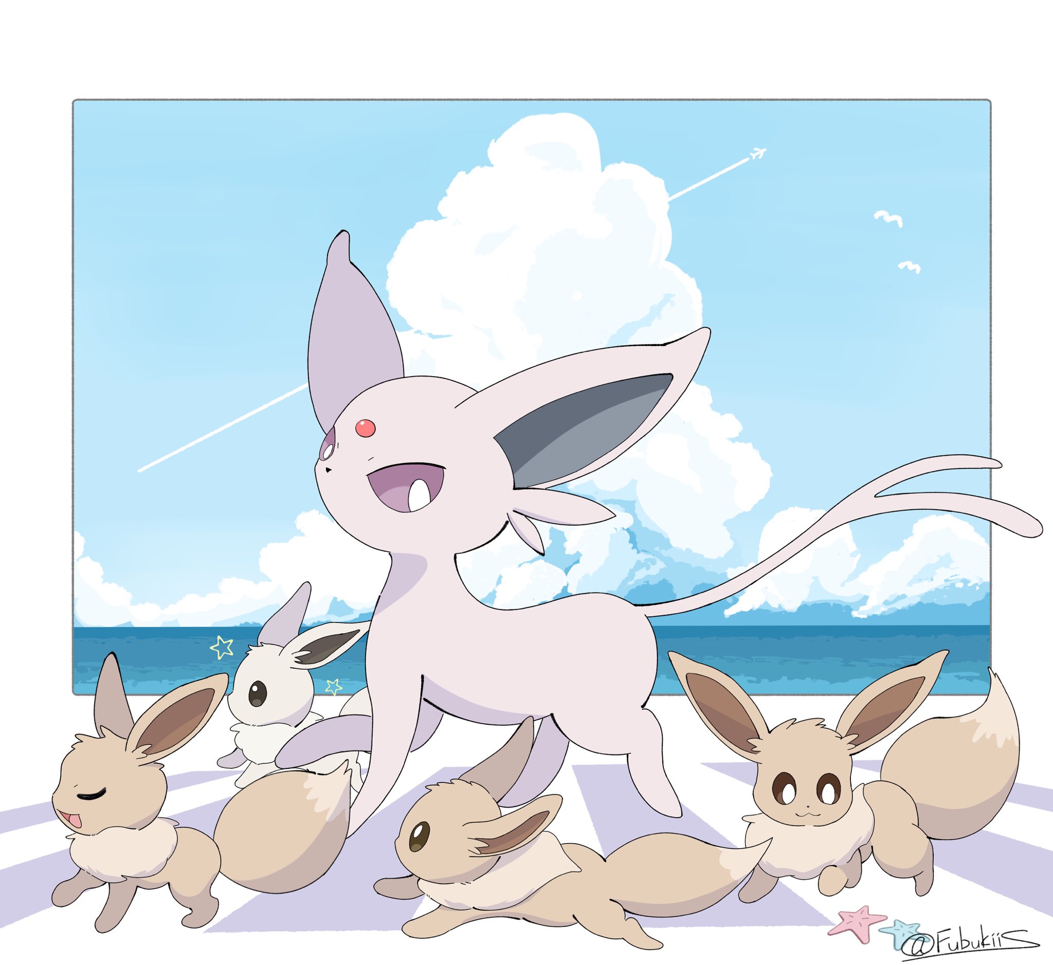 fu 6uk, eevee, espeon, nintendo, pokemon, check commentary, commentary request, highres, aircraft, airplane, alternate color, bird, brown eyes, closed mouth, cloud, day, gen 1 pokemon, gen 2 pokemon, no humans, open mouth, outdoors, pokemon (creature), purple eyes, shiny and normal, shiny pokemon, smile, starfish, walking