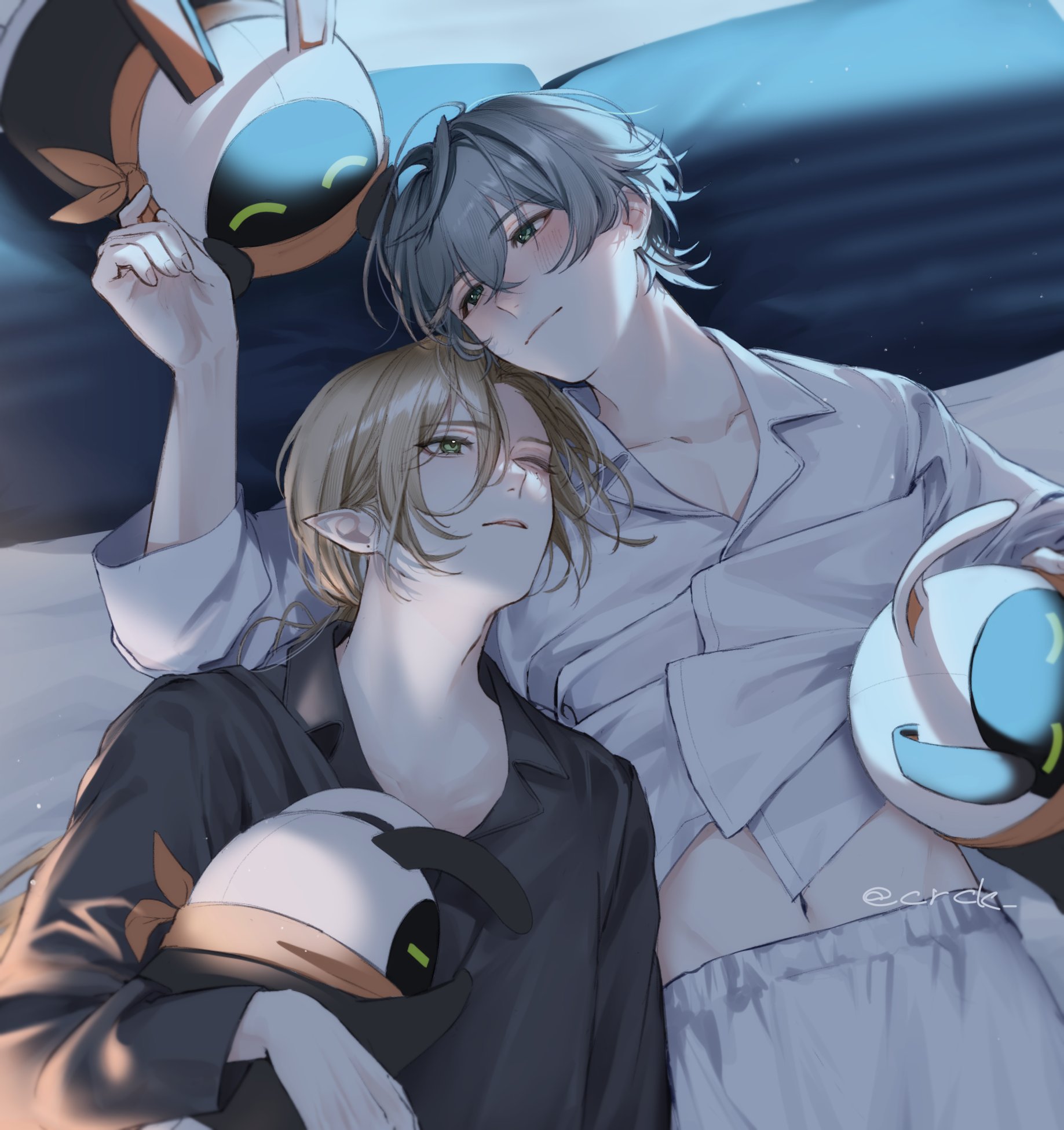 kurashiki (kas0), bangboo (zenless zone zero), eous (zenless zone zero), hugo vlad, wise (zenless zone zero), zenless zone zero, commentary, english commentary, highres, 2boys, animal ears, aqua eyes, artist name, bandana, black shirt, blonde hair, closed mouth, collared shirt, creature, fingernails, green eyes, grey hair, hair between eyes, hand up, hug, long hair, long sleeves, looking at another, looking up, low ponytail, lying, male focus, multiple boys, navel, on back, on bed, one eye closed, open mouth, orange bandana, pajamas, pillow, ponytail, rabbit ears, shadow, shirt, short hair, shorts, smile, white shirt, white shorts, yaoi
