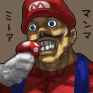 mario, mario (series), nintendo, lowres, 1boy, eating, hat, male focus, mushroom, red hat, solo, super mushroom, teeth, wall-eyed, what
