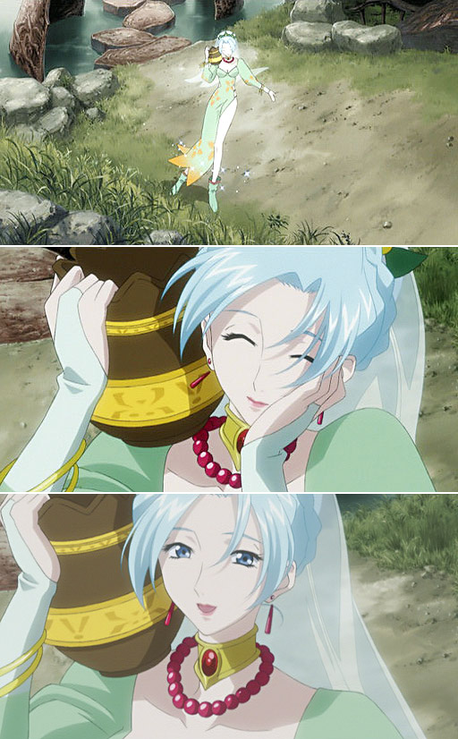 grune (tales), tales of (series), tales of legendia, screencap, anime screenshot, 1girl, aqua hair, blue eyes, blue hair, bracelet, closed eyes, dress, earrings, fingerless gloves, gloves, happy, head rest, jewelry, jug (bottle), lipstick, makeup, matching hair/eyes, necklace, outdoors, short hair, smile, solo, vase