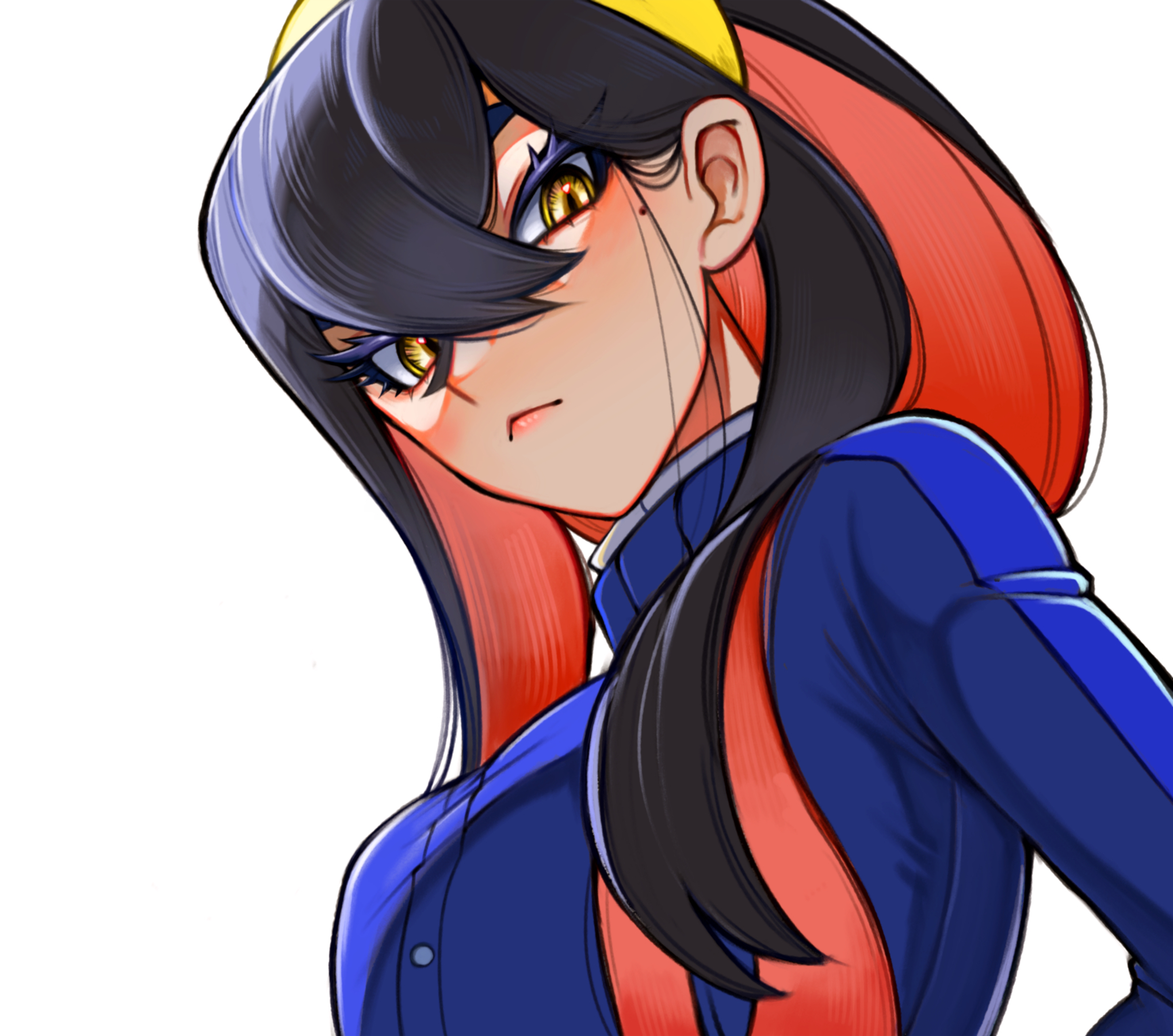 carmine (pokemon), nintendo, pokemon, pokemon sv, commentary request, highres, 1girl, black hair, blue jacket, buttons, closed mouth, crossed bangs, dagashiman, eyelashes, hair behind ear, hair between eyes, jacket, long hair, mole, mole under eye, multicolored hair, red hair, sidelocks, simple background, solo, turtleneck, turtleneck jacket, two-tone hair, white background, yellow eyes