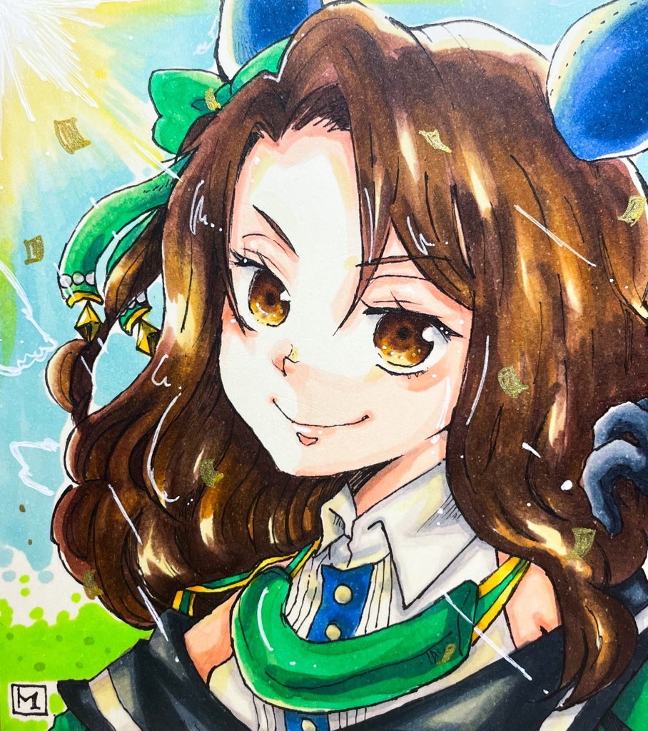 king halo (umamusume), umamusume, traditional media, 1girl, animal ears, brown eyes, brown hair, ear covers, horse ears, horse girl, looking at viewer, machil39, portrait, smile, solo