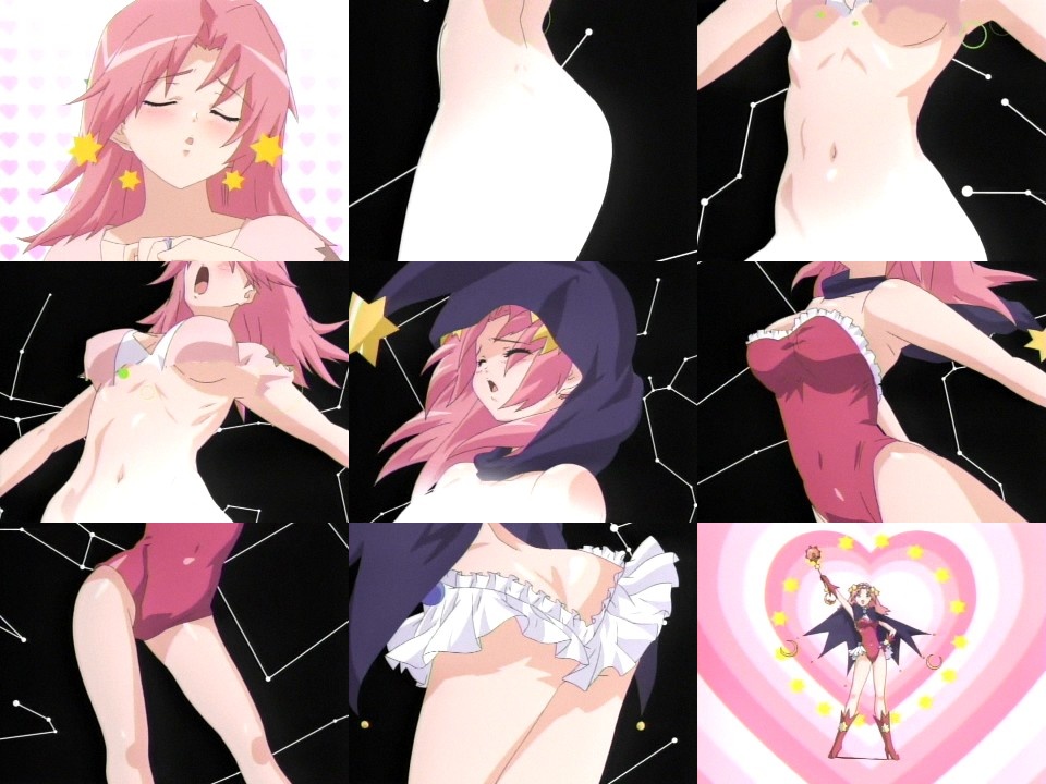asaba ureshiko, okusama wa mahou shoujo, anime screenshot, 00s, 1girl, arm up, ass, boots, breasts, butt crack, capelet, closed eyes, collage, constellation, heart, heart background, henshin, knee boots, leotard, long hair, magical girl, pink hair, star (symbol)