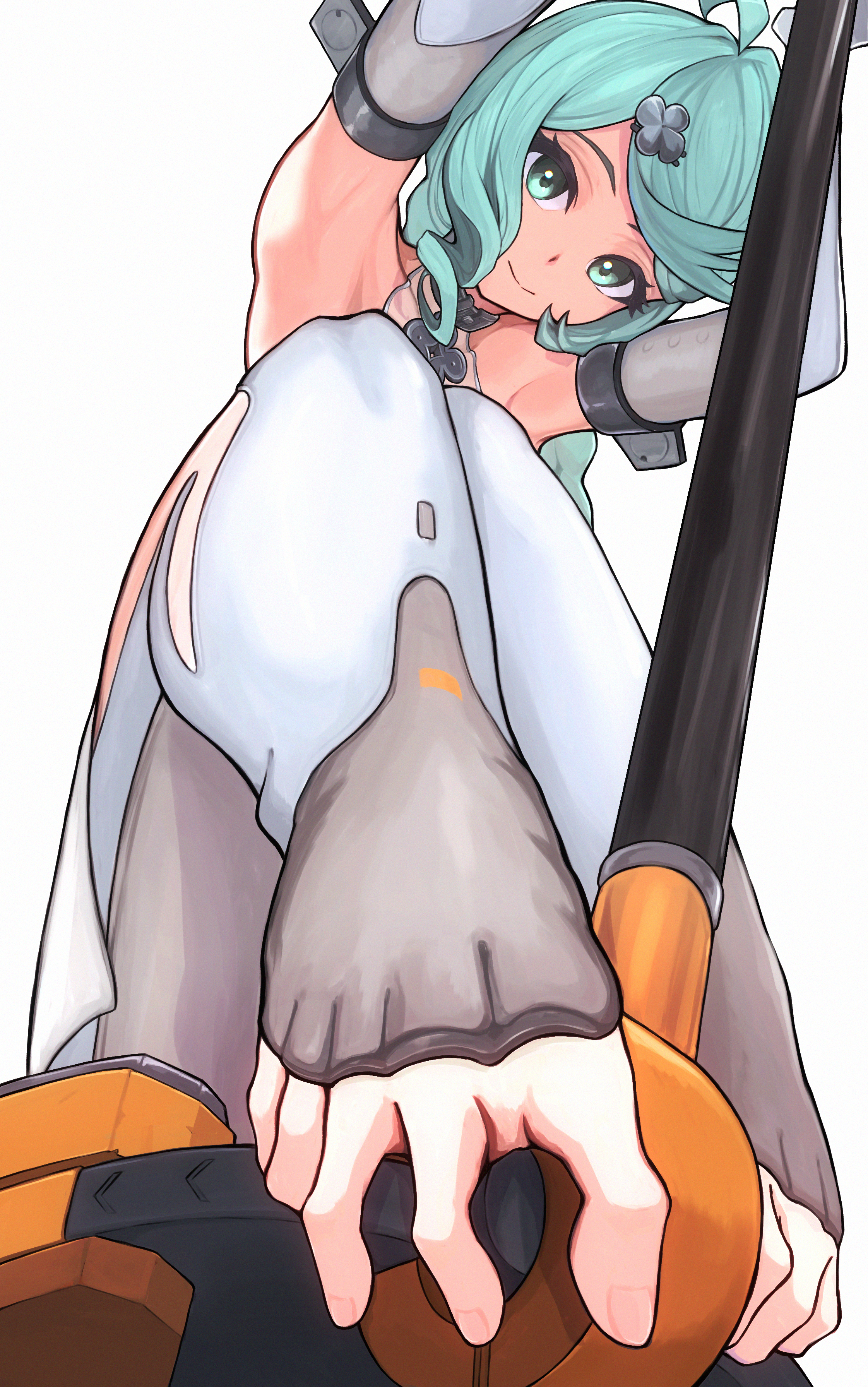 2days wotori, seed (zenless zone zero), zenless zone zero, absurdres, highres, blue eyes, blue hair, feet, foot focus, formal clothes, motor vehicle, scooter, suit, white background