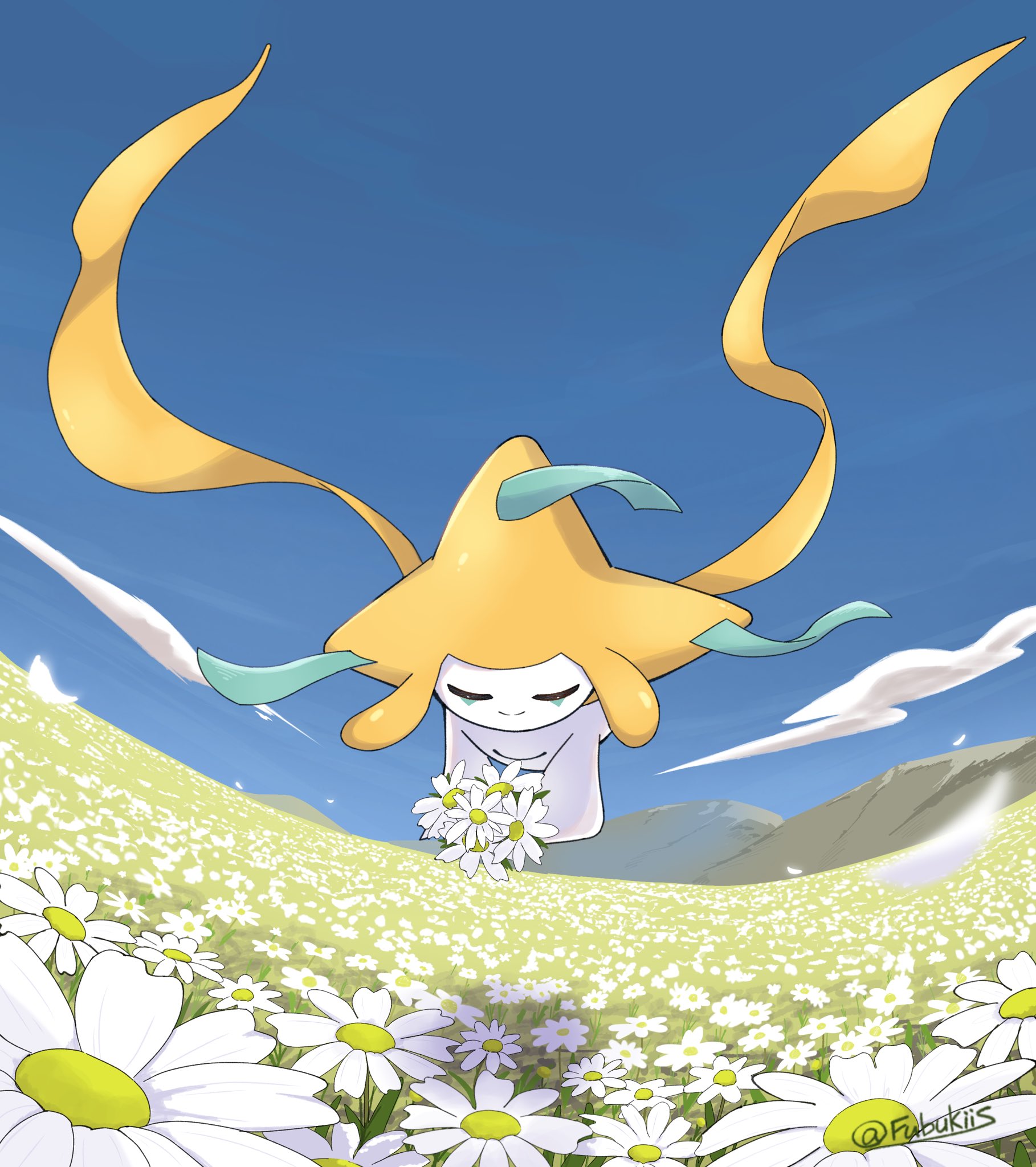 fu 6uk, jirachi, nintendo, pokemon, commentary request, highres, closed eyes, closed mouth, cloud, day, floating, flower, gen 3 pokemon, holding, holding flower, legendary pokemon, mythical pokemon, no humans, outdoors, pokemon (creature), shadow, smile, wings