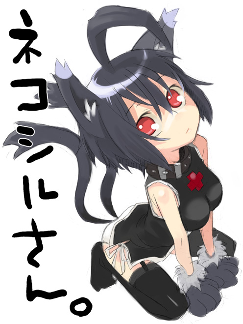 yoshida on, uracil, born freaks!, 1girl, ahoge, animal ears, animal hands, black hair, black thighhighs, cat ears, cat tail, china dress, chinese clothes, collar, dress, female focus, garter belt, multiple tails, nekomata, red eyes, short hair, solo, tail, thighhighs, two tails
