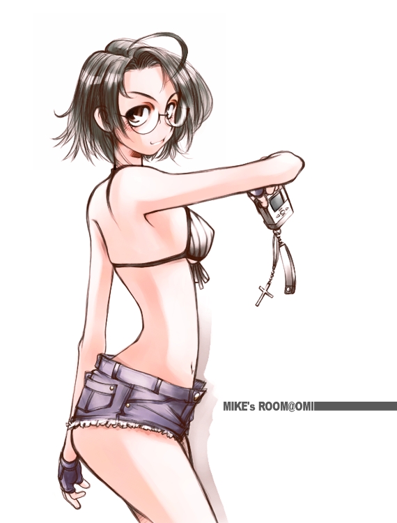 mike156, takeshima tsutako, maria-sama ga miteru, 00s, 1girl, ahoge, bikini, bikini top only, cutoffs, denim, denim shorts, female focus, fingerless gloves, glasses, gloves, short shorts, shorts, solo, swimsuit
