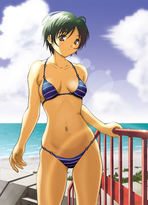 hozumi naiki, original, 1girl, beach, bikini, blue bikini, cloud, day, female focus, green hair, navel, outdoors, purple eyes, short hair, solo, striped bikini, striped clothes, swimsuit, tan
