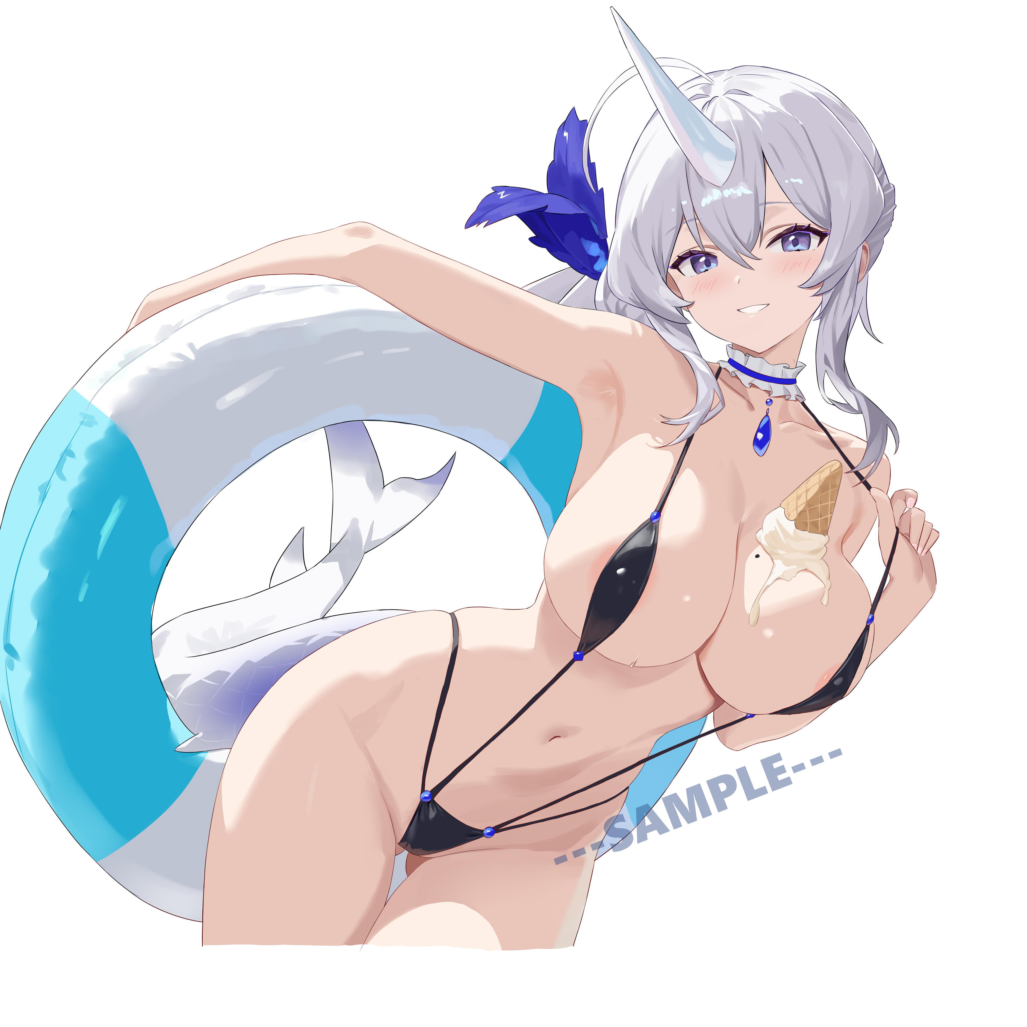 youtanhuayuan255, original, absurdres, check copyright, commission, copyright request, highres, 1girl, areola slip, armpits, bare shoulders, black slingshot swimsuit, breasts, choker, cleavage, collarbone, covered erect nipples, cream on breasts, cropped legs, food, frilled choker, frills, gluteal fold, grin, hand up, horns, ice cream, innertube, large breasts, long hair, looking at viewer, mole, mole on breast, navel, pulling own clothes, purple eyes, side ponytail, simple background, single horn, skindentation, slingshot swimsuit, smile, solo, spaghetti strap, stomach, strap pull, swim ring, swimsuit, tail, thigh gap, thighs, white background, white hair