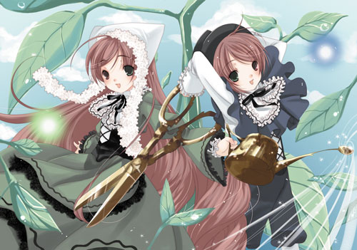 kirino kasumu, souseiseki, suiseiseki, rozen maiden, lowres, 00s, 2girls, arms up, blush, floating hair, green eyes, hat, headscarf, heterochromia, holding, long hair, multiple girls, neck ribbon, plant, red eyes, ribbon, scissors, short hair, siblings, sisters, smile, top hat, twins, very long hair, watering can, white headscarf
