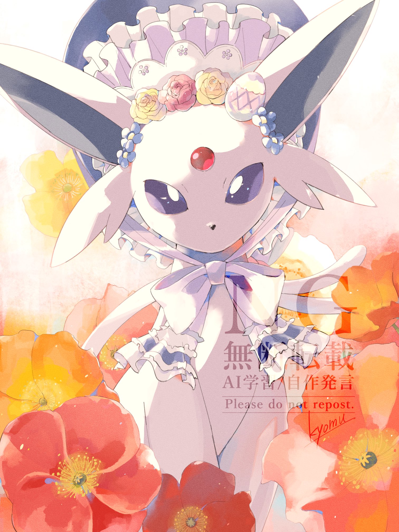 espeon, espeon (botanical easter), nintendo, pokemon, check commentary, commentary request, highres, bonnet, bow, flower, frills, gen 2 pokemon, hat, kyo6 0, no humans, orange flower, pokemon (creature), purple eyes, red flower, sitting, solo