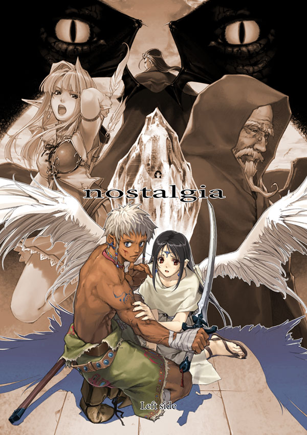 hidari (left side), original, 2girls, 3boys, bandages, black hair, blue eyes, brown eyes, crystal, dark-skinned male, dark skin, dragon, earrings, fantasy, jewelry, multiple boys, multiple girls, old, old man, pointy ears, slit pupils, sword, tattoo, weapon, white hair, wings